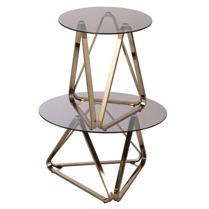 31" Champagne Glass And Metal Round Coffee Table