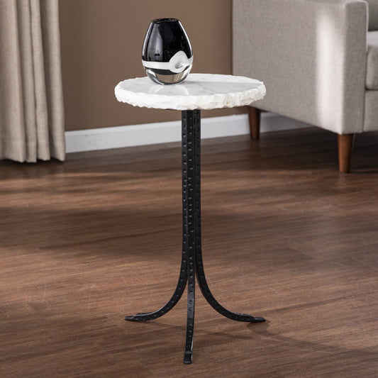 23" Black And White Marble And Metal Round End Table