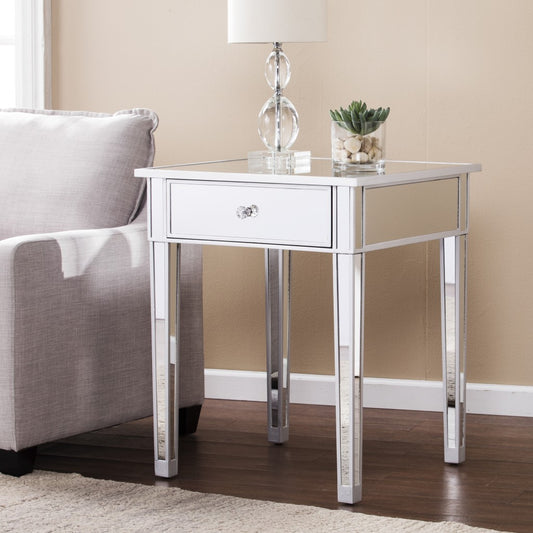 29" Silver And Reflective Glass Square Mirrored End Table
