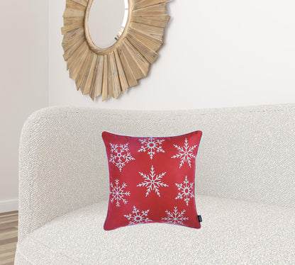 Set Of Four 18" X 18" Red Zippered Polyester Christmas Snowflakes Throw Pillow