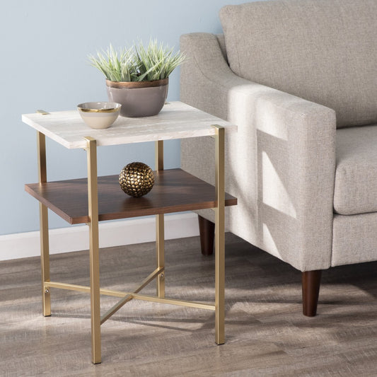 24" Brass Manufactured Wood And Iron Square End Table With Shelf