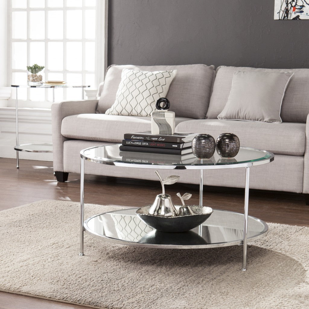 26" Chrome Glass And Iron Round Mirrored End Table With Shelf
