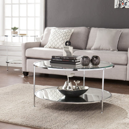 26" Chrome Glass And Iron Round Mirrored End Table With Shelf