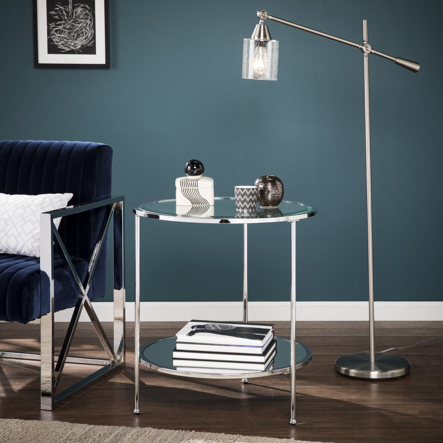 26" Chrome Glass And Iron Round Mirrored End Table With Shelf
