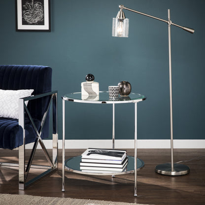 26" Chrome Glass And Iron Round Mirrored End Table With Shelf
