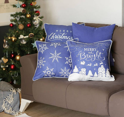 Set Of Four 18" X 18" Blue Zippered Polyester Christmas Reindeer Throw Pillow Cover