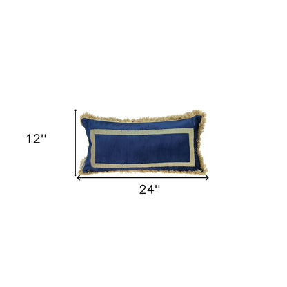 Boho Blue with Gold Fringe Decorative Lumbar Throw Pillow