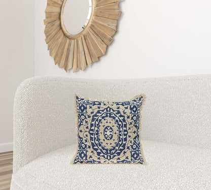 Boho Garland Beige and Navy Blue Decorative Accent Pillow