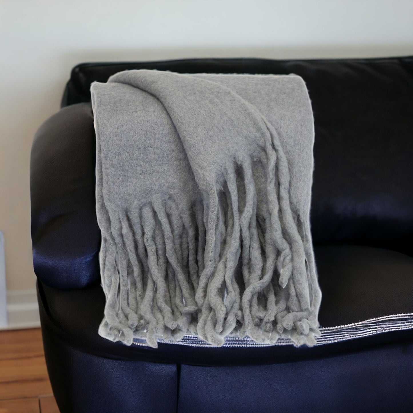 Gray Knitted Acrylic Solid Color Reversable Throw