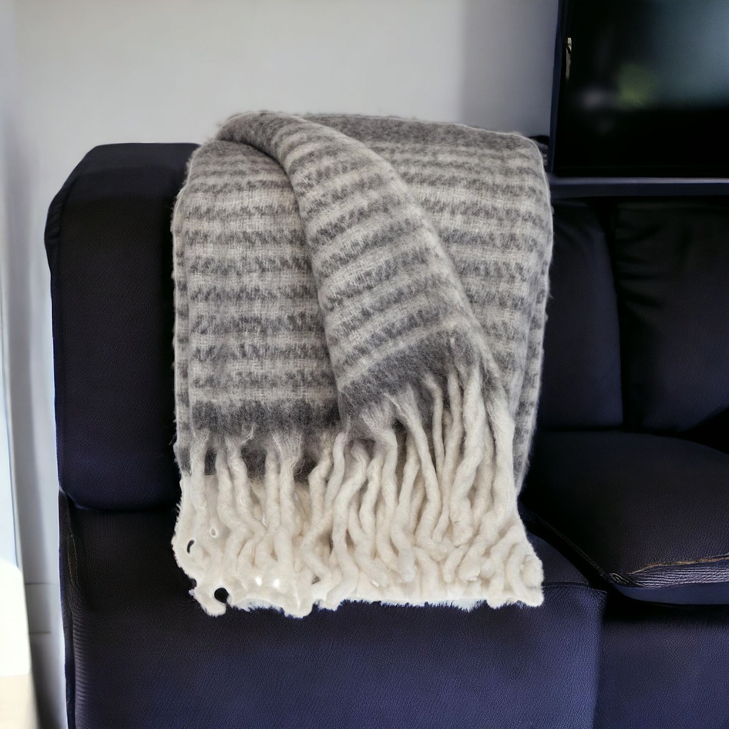 Super Soft Gray and White Chevron and Striped Handloomed Throw Blanket