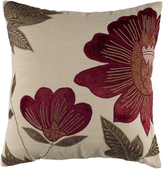 18" X 18" Beige Floral Cotton Zippered Pillow With Embroidery