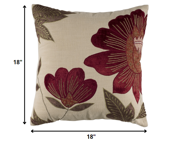 18" X 18" Beige Floral Cotton Zippered Pillow With Embroidery
