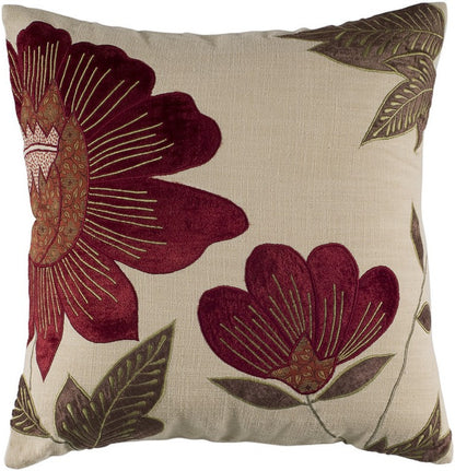 18" X 18" Beige Floral Cotton Zippered Pillow With Embroidery