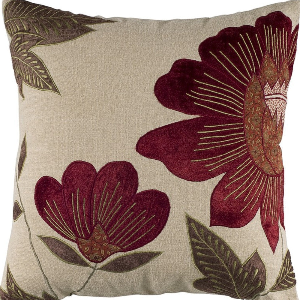 18" X 18" Beige Floral Cotton Zippered Pillow With Embroidery