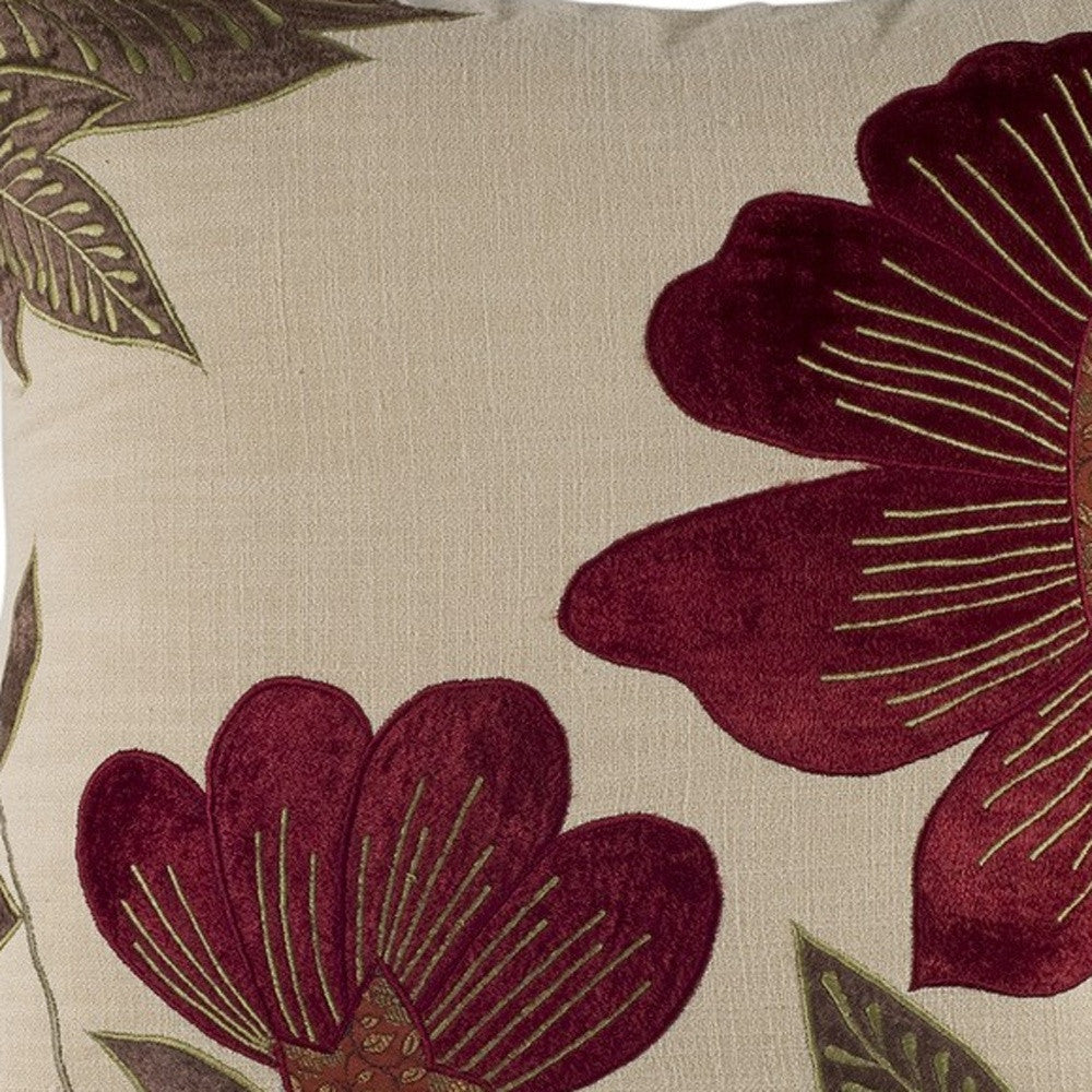 18" X 18" Beige Floral Cotton Zippered Pillow With Embroidery