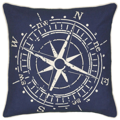 18" X 18" Navy and White Compass Cotton Zippered Pillow