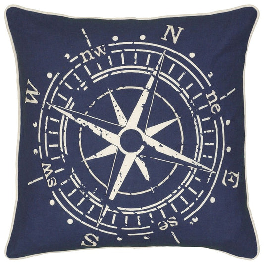 18" X 18" Navy and White Compass Cotton Zippered Pillow
