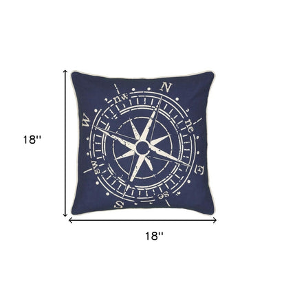 18" X 18" Navy and White Compass Cotton Zippered Pillow