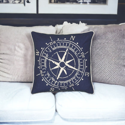 18" X 18" Navy and White Compass Cotton Zippered Pillow