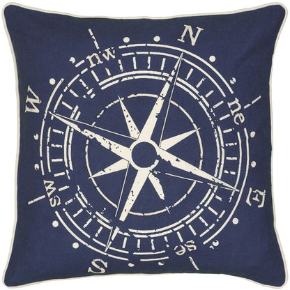 18" X 18" Navy and White Compass Cotton Zippered Pillow