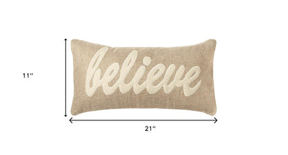Tan Believe Felt Applique Burlap Throw Pillow