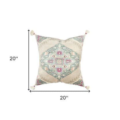 Beige Boho Medallion Tasseled Throw Pillow