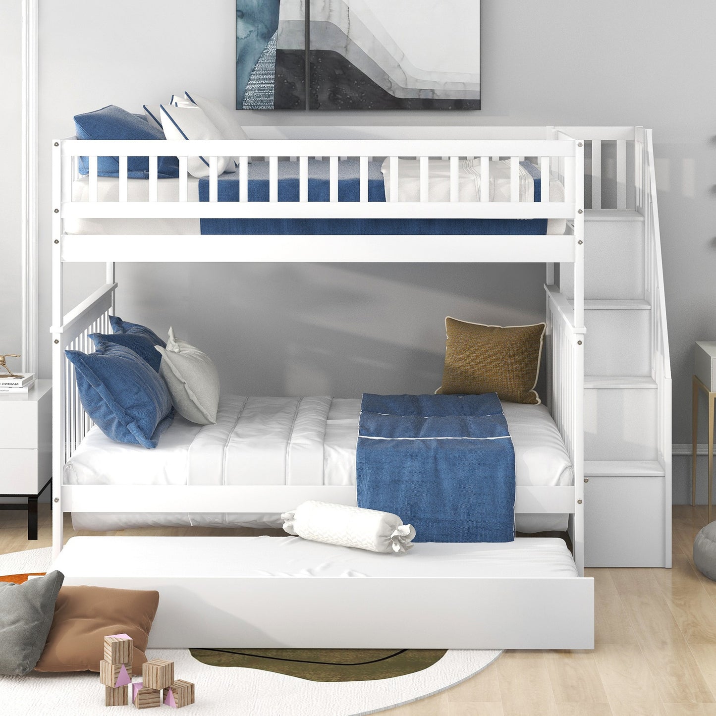 White Full Over Full Farmhouse Style Bunk Bed with Trundle and Staircase