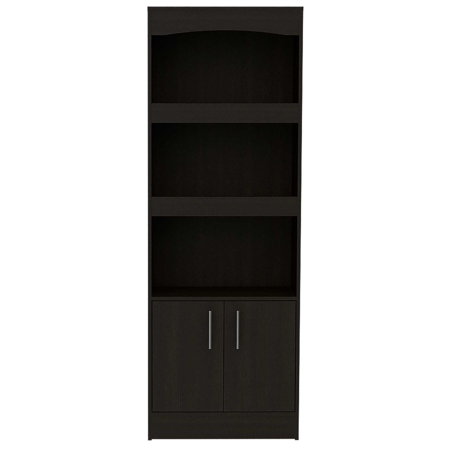 71" Black Three Shelf Bookcase with Cabinet Storage