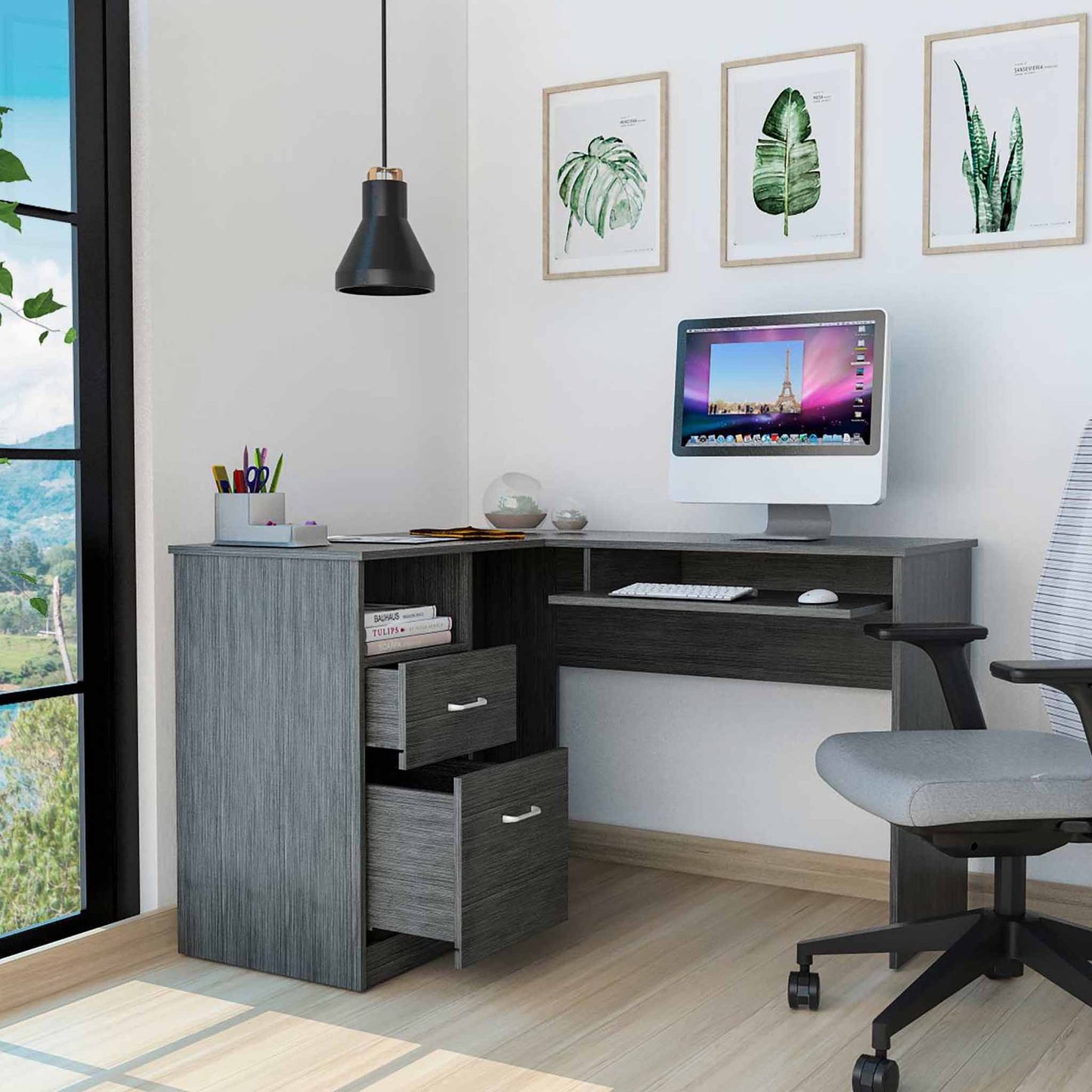 Thorpe Gray Oak L Shaped Computer Desk