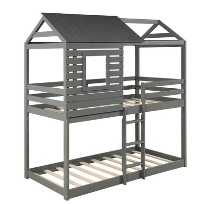 Gray Twin Over Twin Bunk Bed with Roof