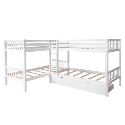 White Twin Size L Shaped Double Bunk Bed with Drawer
