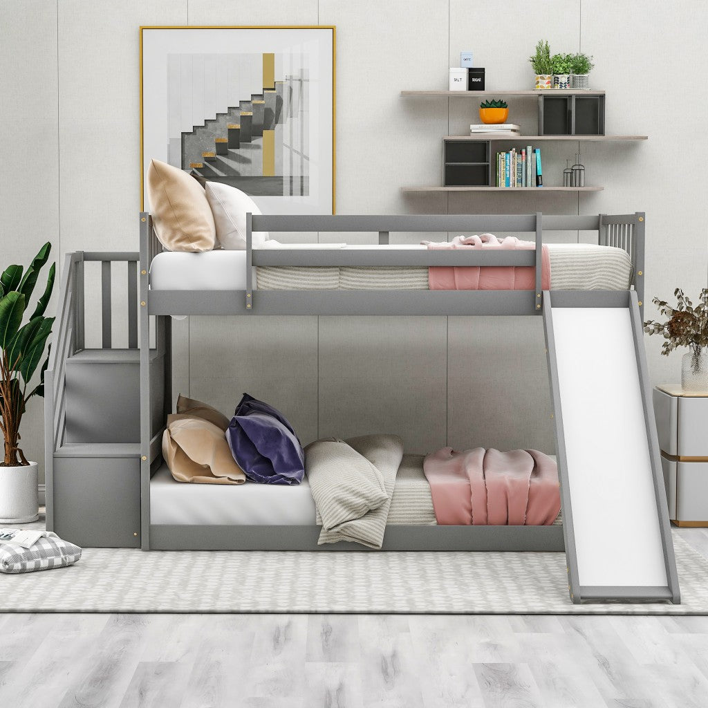 Gray Twin Over Twin Bunk Bed with Stairway and Slide
