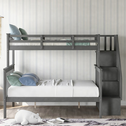 Gray Twin Over Full Contemporary Bunk Bed With Stairs And Shelves