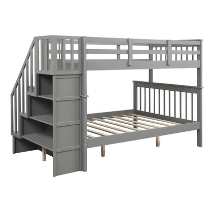 Gray Twin Over Full Contemporary Bunk Bed With Stairs And Shelves