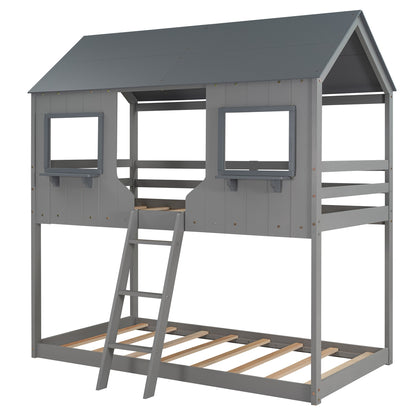Gray Twin over Twin Contemporary Manufactured Wood and Solid Wood Bunk Bed