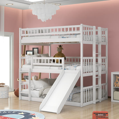 White Full Over Full Over Full Contemporary Bunk Bed With Slide