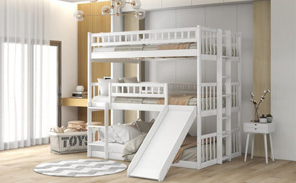 White Full Over Full Over Full Contemporary Bunk Bed With Slide