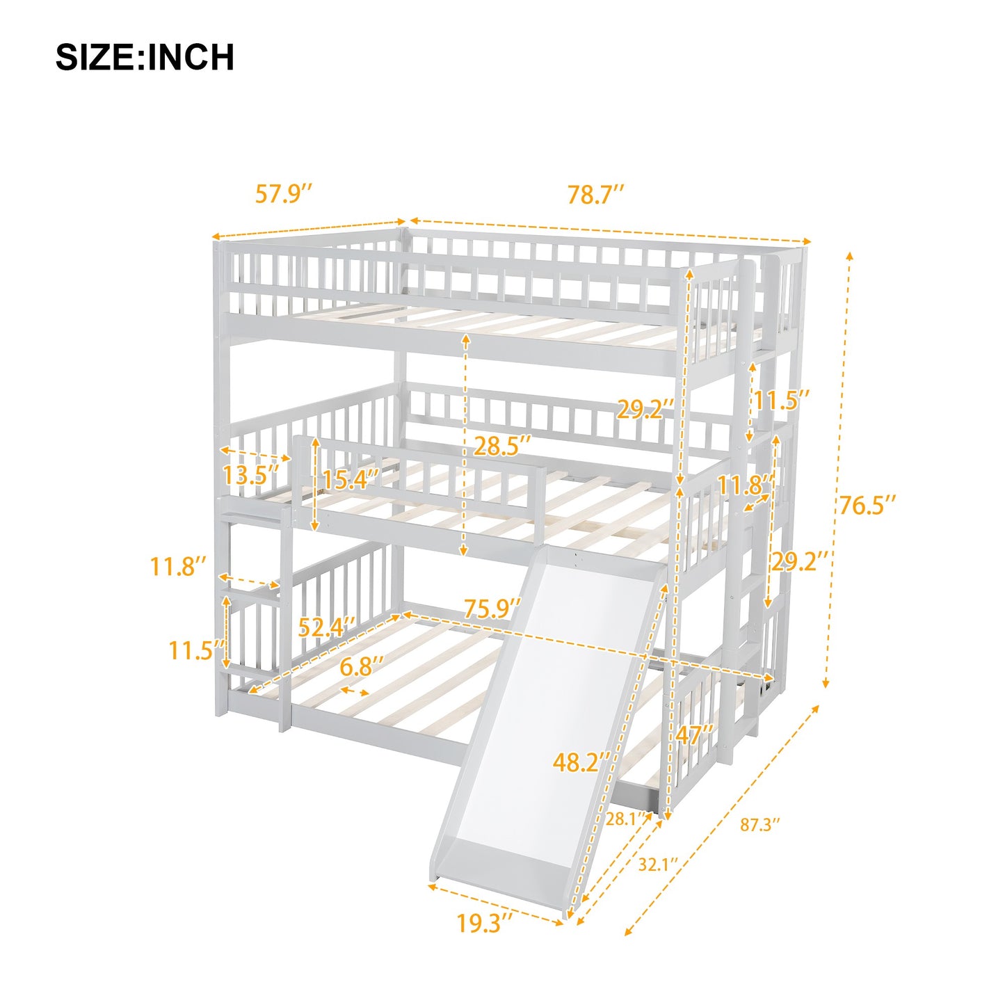 White Full Over Full Over Full Contemporary Bunk Bed With Slide