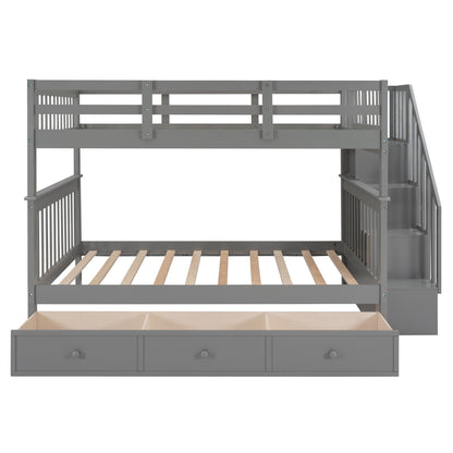 Gray Double Full Size Stairway Bunk Bed With Drawer