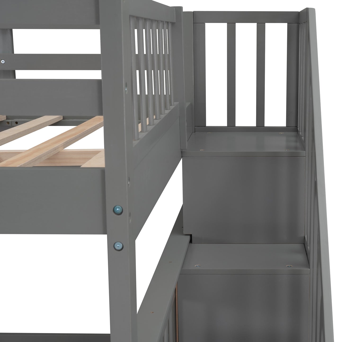 Gray Double Full Size Stairway Bunk Bed With Drawer