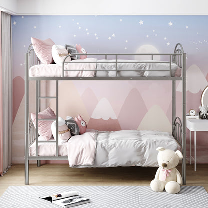 Silver Modern Classic Twin Over Twin Metal Bunk Bed