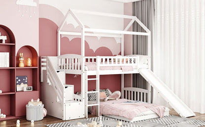 White Twin Over Twin PlayHouse Perpendicular Bunk Bed with Slide