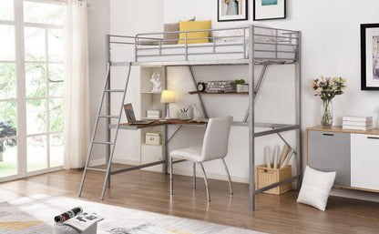 Silver Metal Loft Bed with L Shaped Desk and Shelf