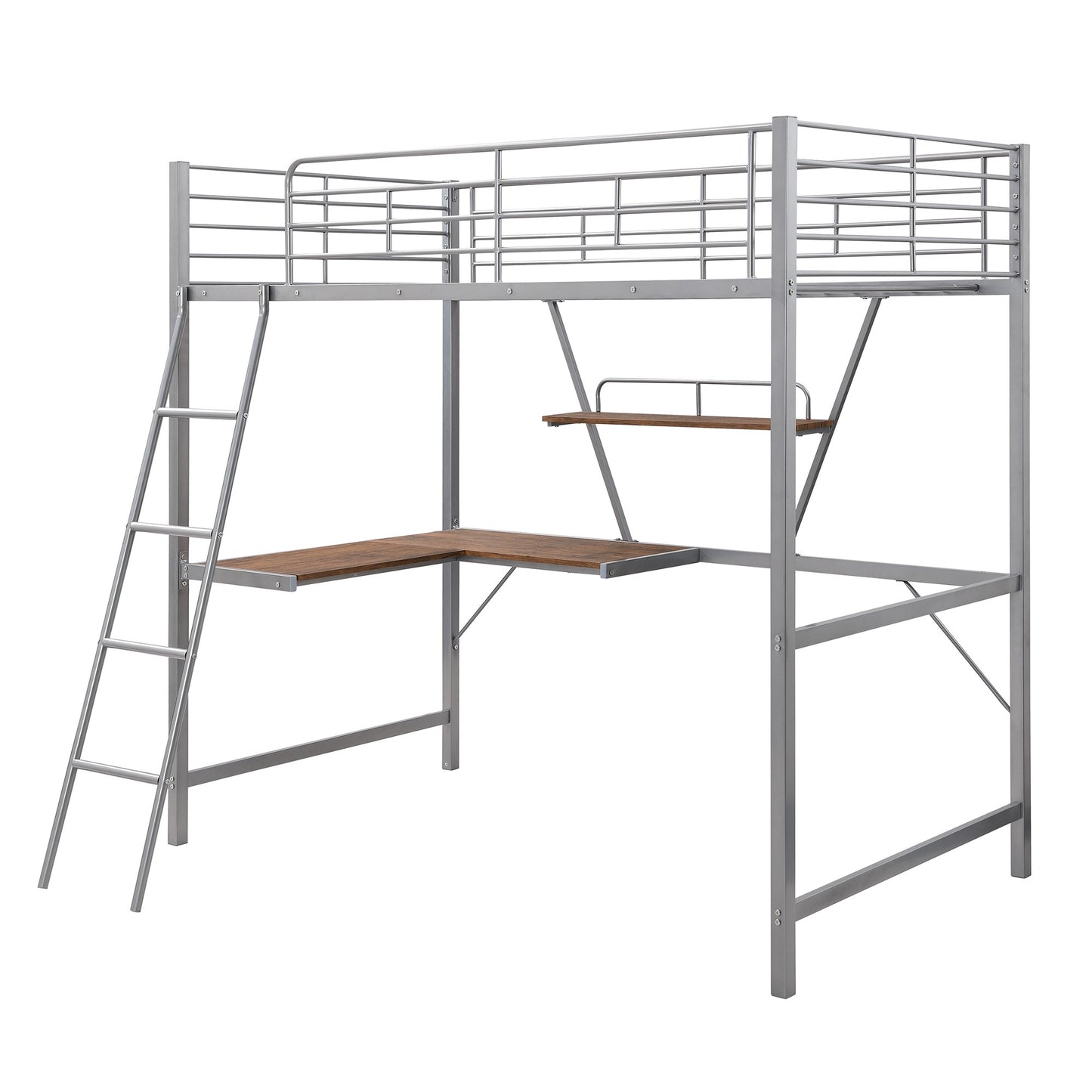 Silver Metal Loft Bed with L Shaped Desk and Shelf