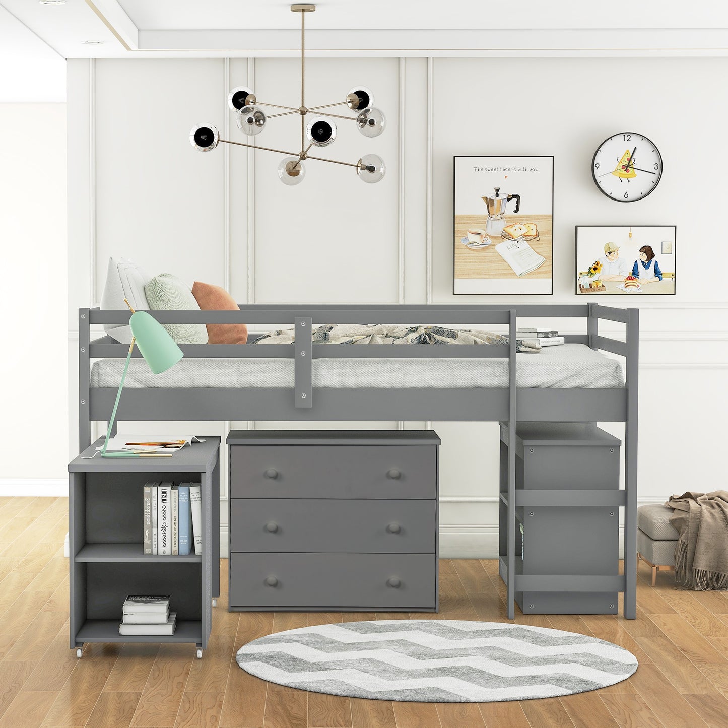 Gray Low Twin Loft Bed With Cabinet and Desk