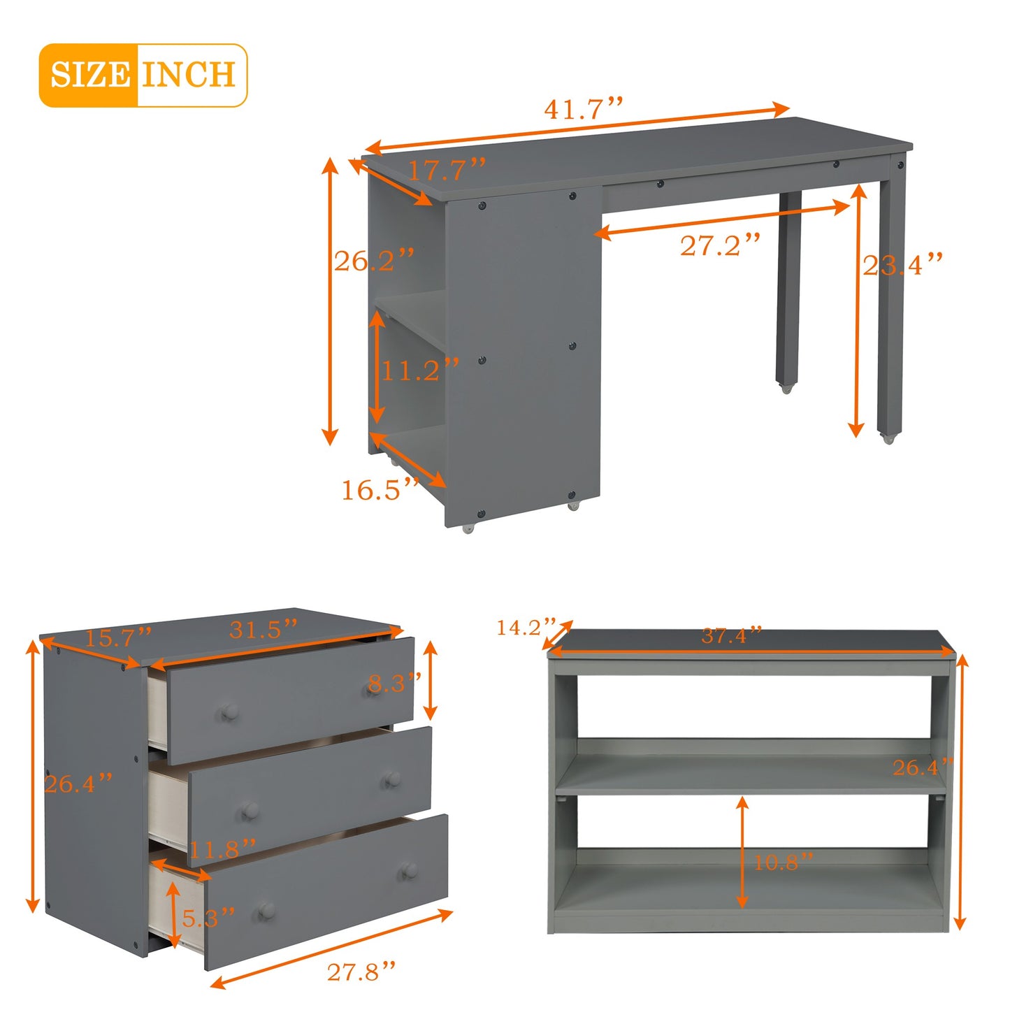 Gray Low Twin Loft Bed With Cabinet and Desk