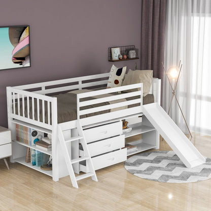 White Twin Loft Bed With Cabinet and Shelves
