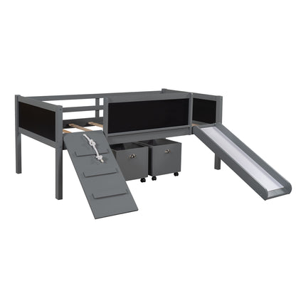 Climbing Frame Gray Twin Size Loft Bed with Slide and Storage Boxes