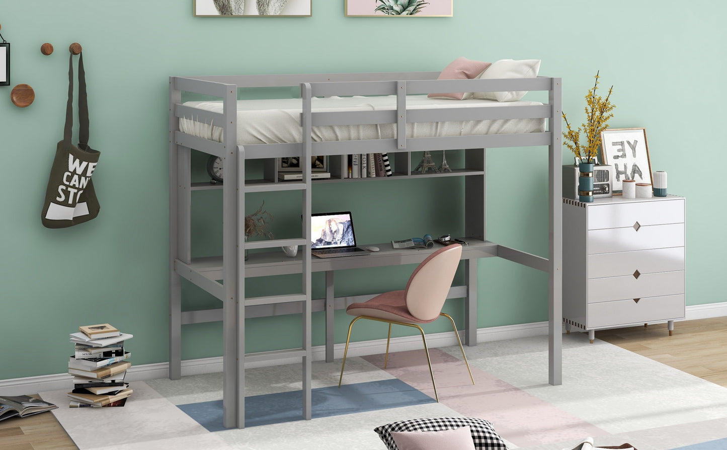 Minimalist Gray Twin Size Loft Bed with Built In Desk and Shelf