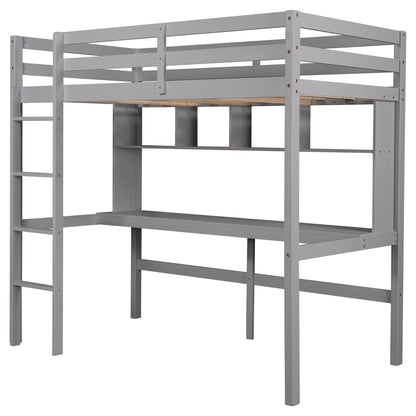 Minimalist Gray Twin Size Loft Bed with Built In Desk and Shelf